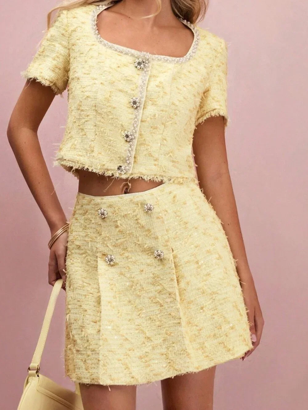 Yellow Casual Women's Tweed Pearl Short Sleeve Jacket